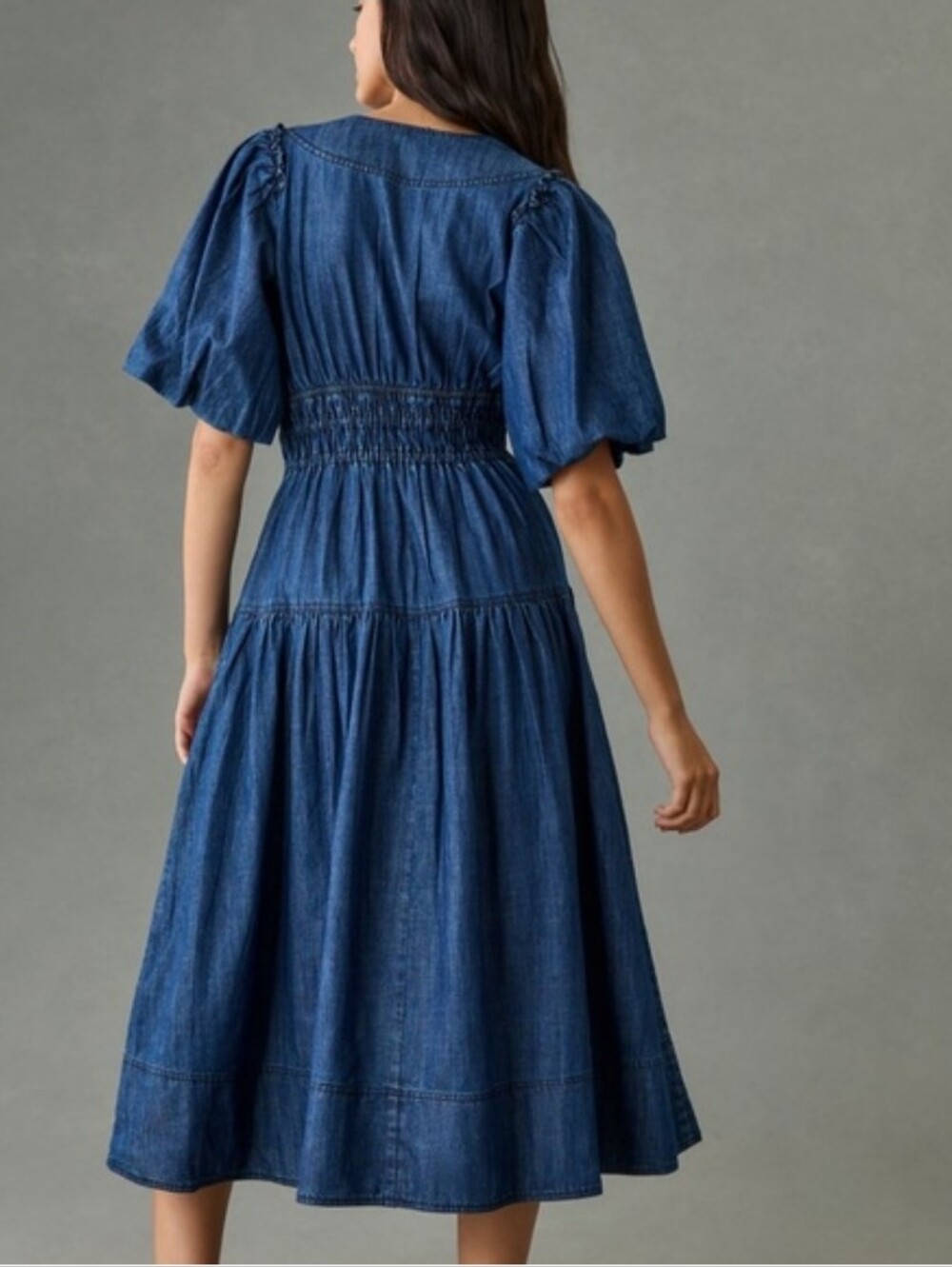 Anthropologie Pilcro Smocked Puffed sleeve Denim Midi Dress Women's XS - Picture 2 of 13